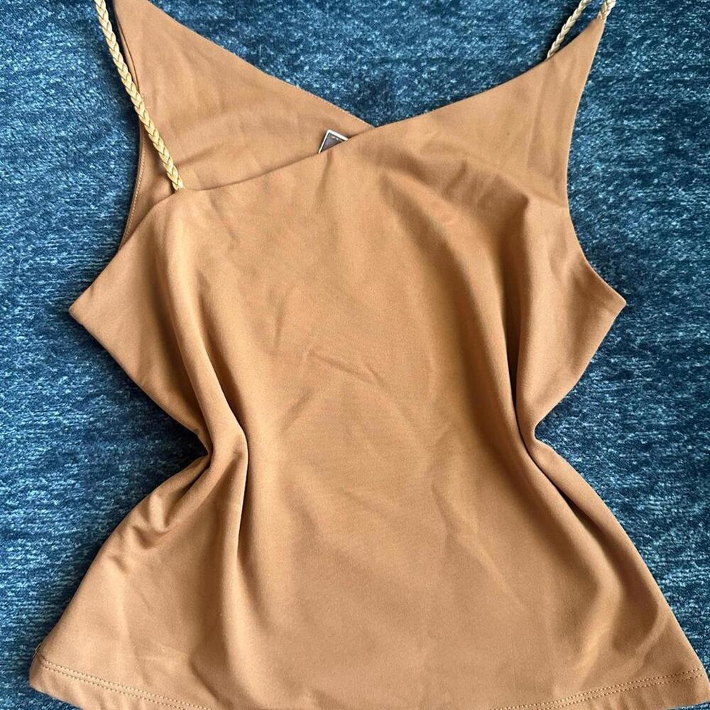 Vintage Y2K boho cami with asymmetrical neckline and braided spaghetti straps